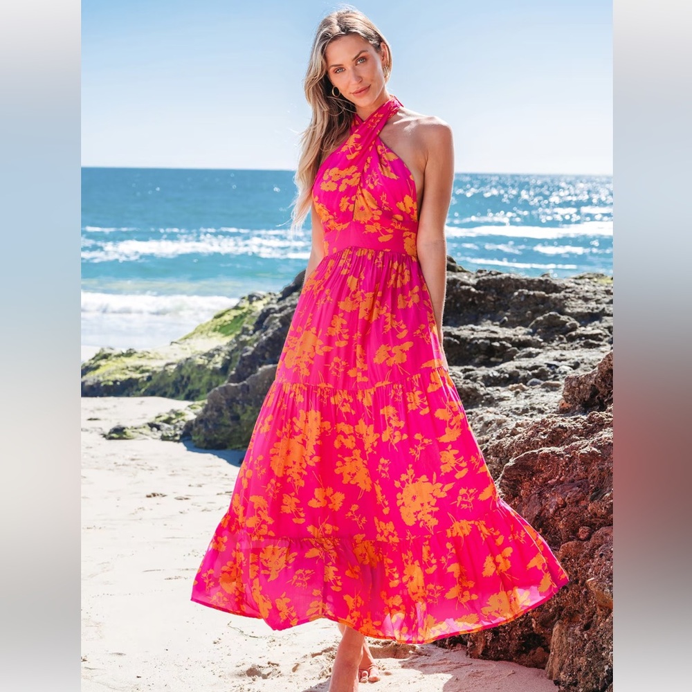 Cupshe Pink & Orange Floral Crossover Halter Maxi Dress